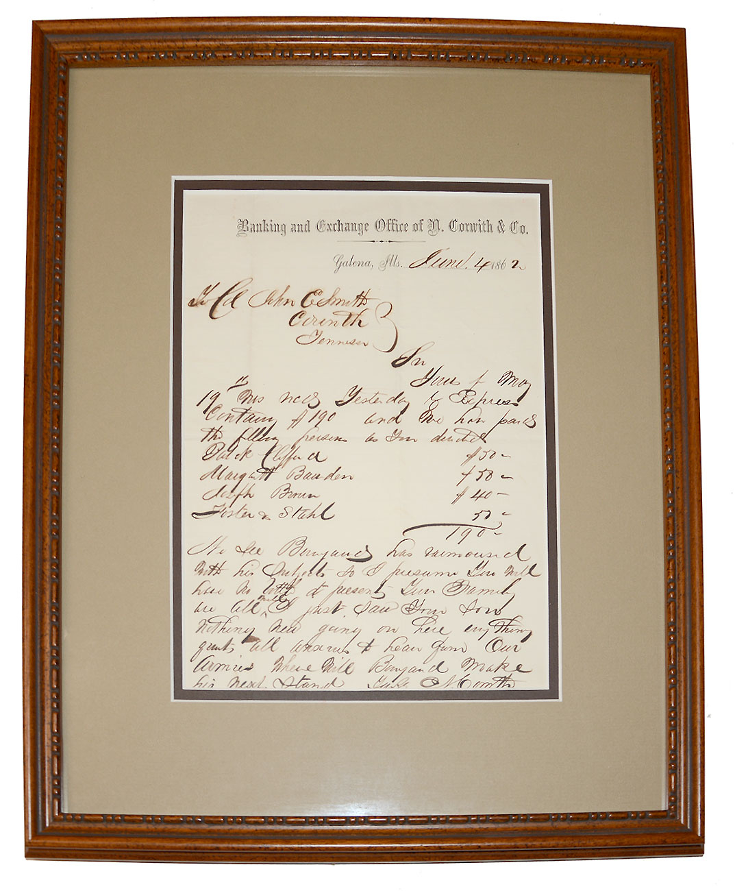 POST-BATTLE OF SHILOH 1862 ALS – GALENA, IL MERCHANT NATHAN CORWITH (FRIEND OF US GEN.  ULYSSES S. GRANT) TO COL. JOHN E. SMITH, 45TH ILLINOIS