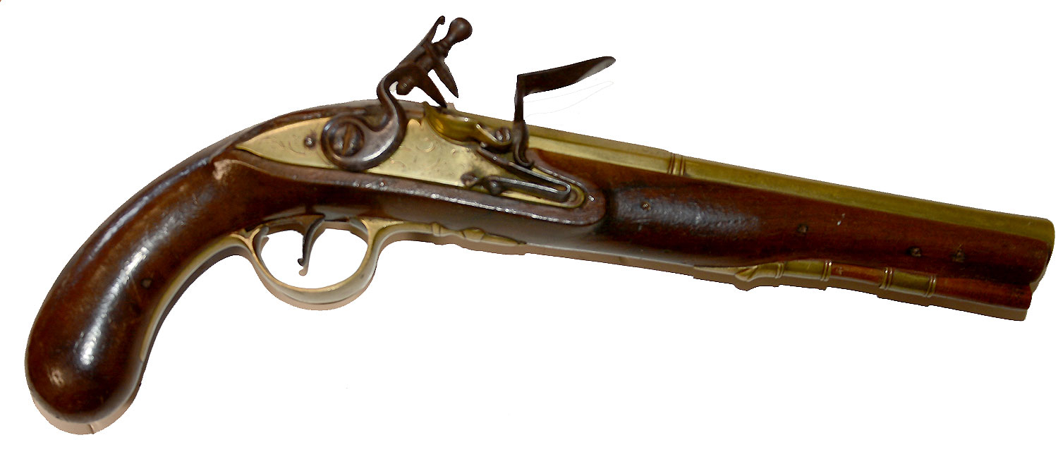 ENGLISH FLINTLOCK PISTOL WITH A BRASS BARREL AND LOCK PLATE