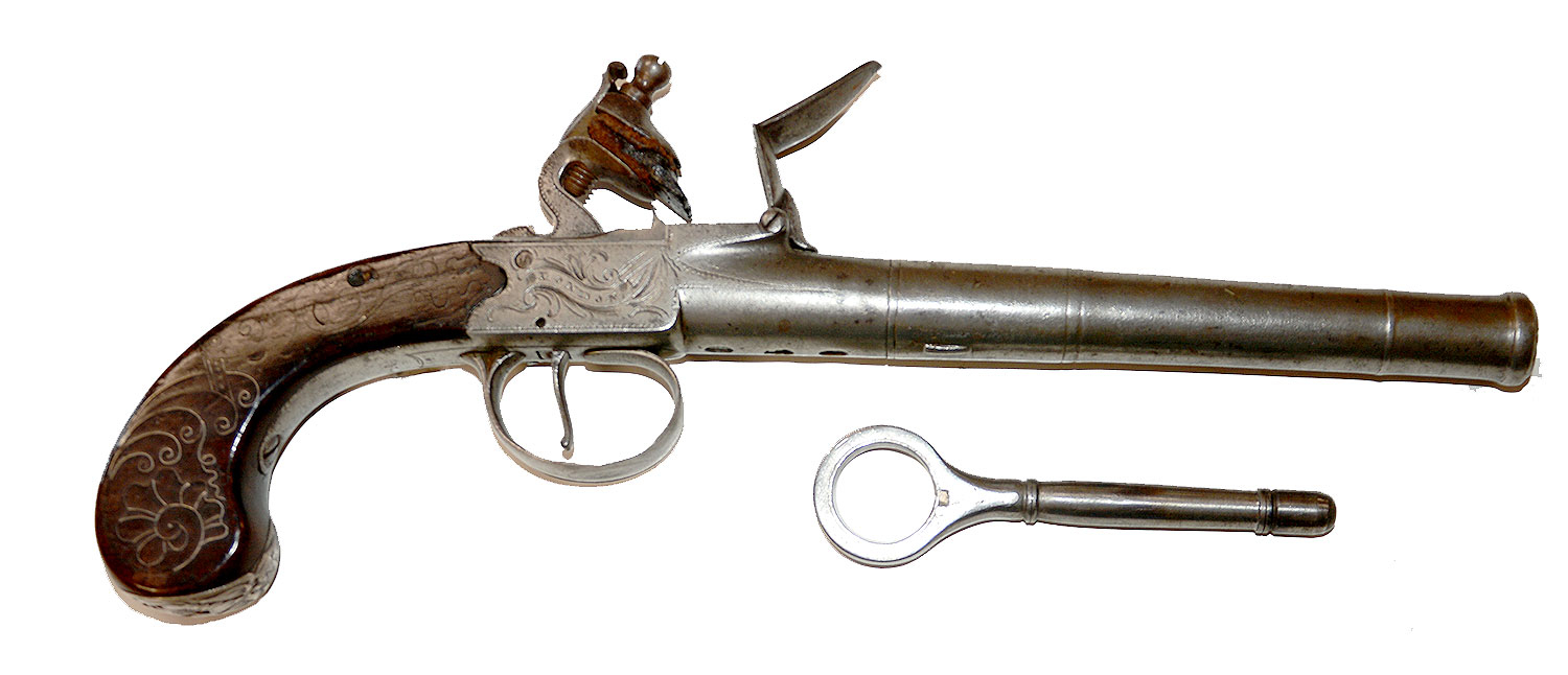 A MID-18th CENTURY ENGLISH BOXLOCK FLINT PISTOL WITH ITS WRENCH