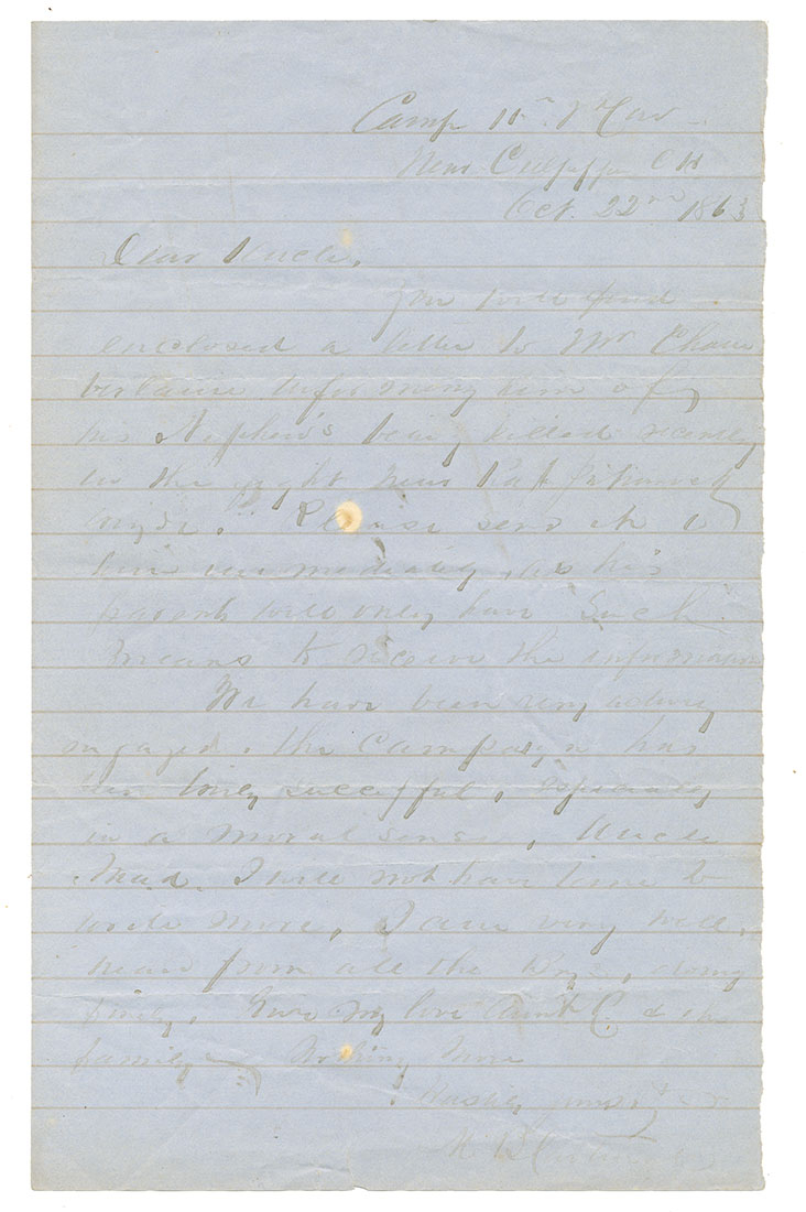 CIVIL WAR AUTOGRAPH LETTER SIGNED — CONFEDERATE CAVALRY SOLDIER, CULPEPER COURT HOUSE