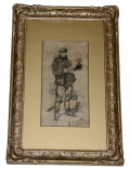 ORIGINAL 1874 PEN & INK DRAWING ON PARCHMENT – “SOLDIER WITH DOCUMENTS” BY ALPHONSE-MARIE-ADOLPHE DE NEUVILLE