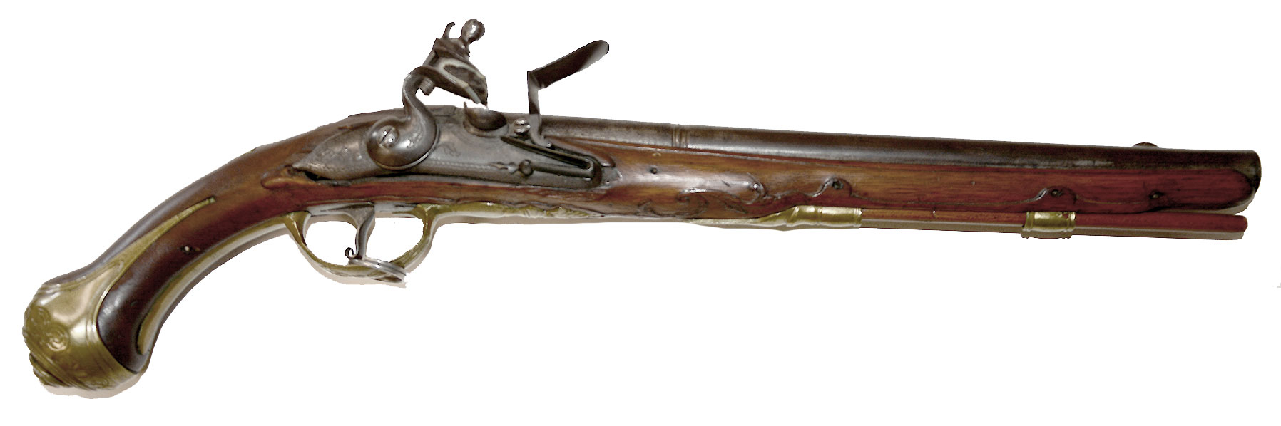 AN EIGHTEENTH-CENTURY FLINT LOCK HORSEMAN'S PISTOL