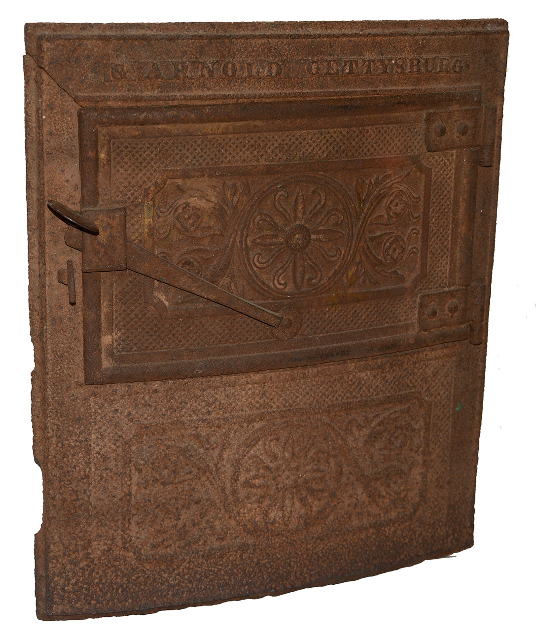 ANTIQUE CAST IRON STOVE PLATE WITH DOOR – G. ARNOLD, GETTYSBURG, PA (C. 1839-1852)