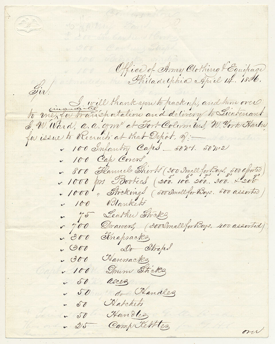 1856 US ARMY QUARTERMASTER SUPPLY ORDER SIGNED BY GEORGE H. CROSMAN