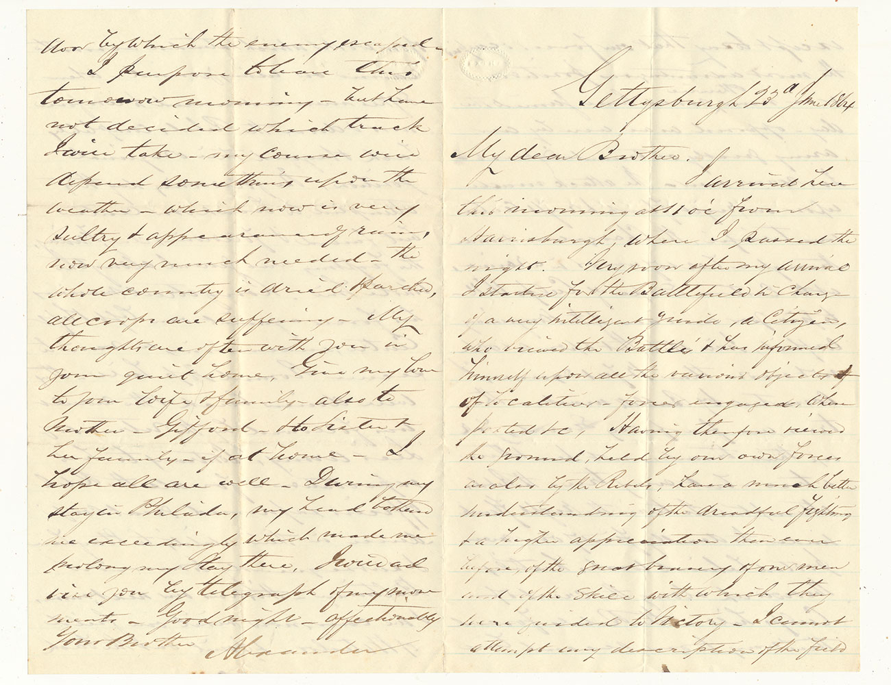 LETTER DATED GETTYSBURG, JUNE 1864 - ALS FROM ALEXANDER AGNEW TO HIS BROTHER – ACCOUNT OF GUIDED BATTLEFIELD TOUR