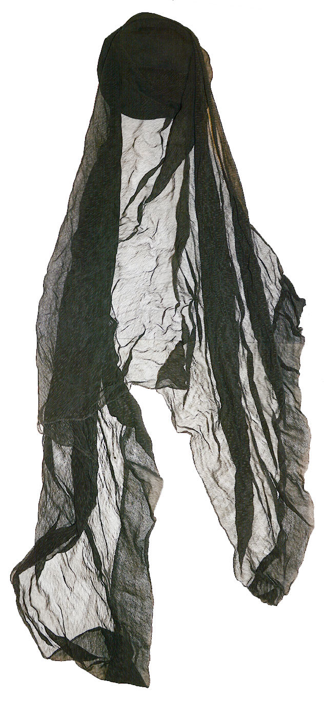 BLACK CREPE MOURNING BONNET WITH VEIL, C1870-1900