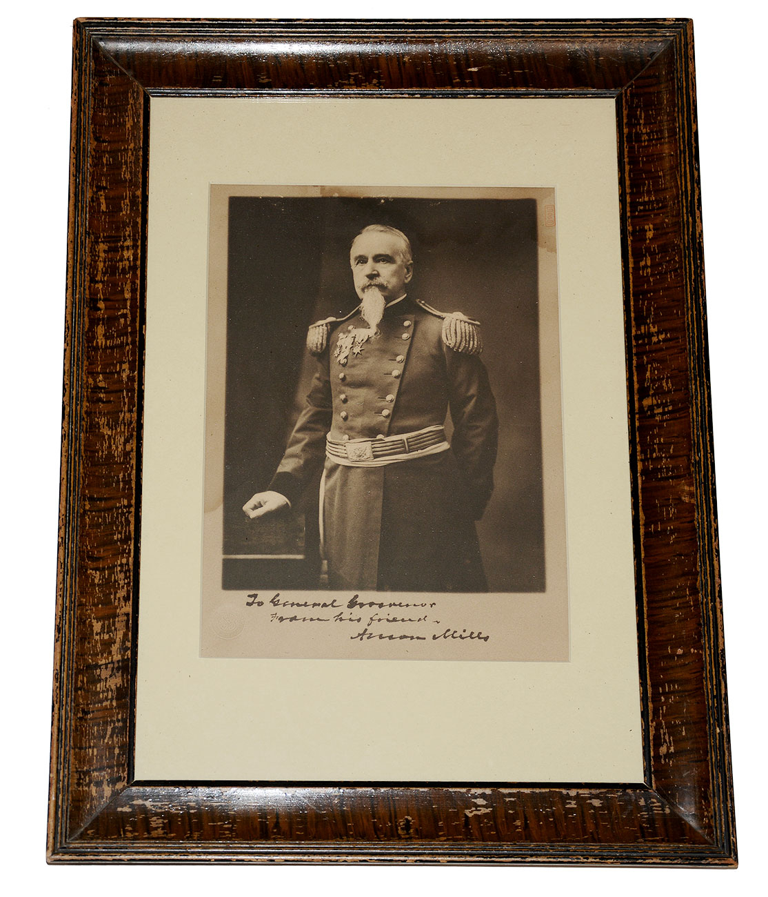 INSCRIBED & SIGNED PHOTOGRAPH OF BRIG. GEN. ANSON MILLS, PRESENTED TO BVT. BRIG. GEN. CHARLES H. GROSVENOR