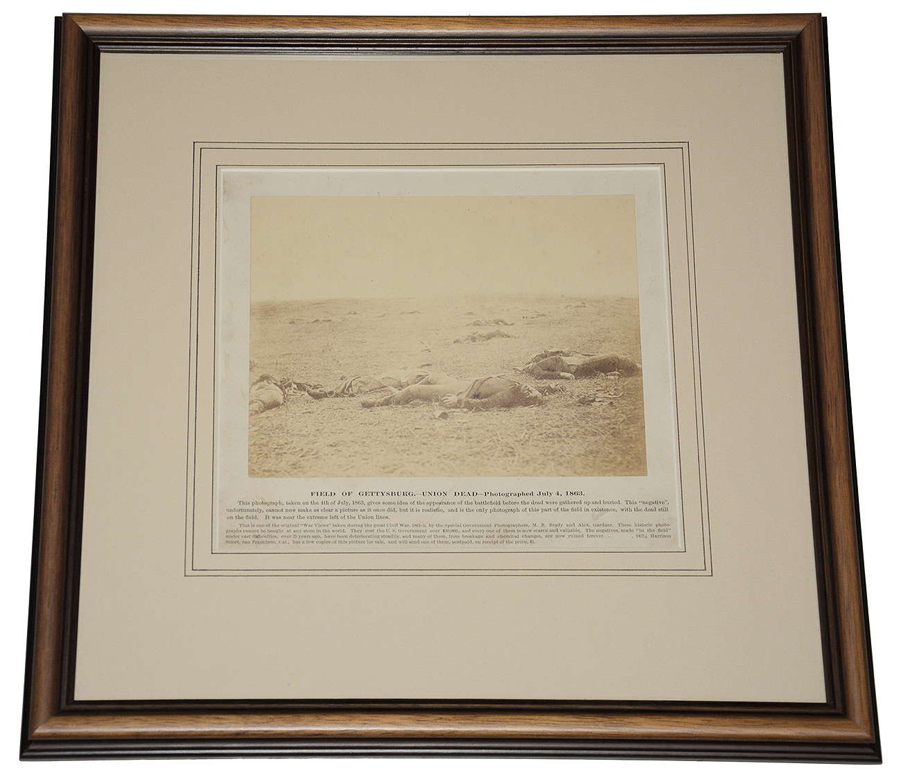 CIRCA 1880S-1890S ALBUMEN RE-PRINT OF TIMOTHY H. O’SULLIVAN’S “HARVEST OF DEATH” – UNION DEAD ON THE FIELD AT GETTYSBURG