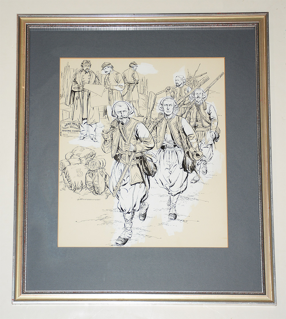 ORIGINAL PEN & INK ILLUSTRATION - 5TH NEW YORK VOLUNTEERS (DURYEA’S ZOUAVES) ON THE MARCH, BY GEORGE WOODBRIDGE 