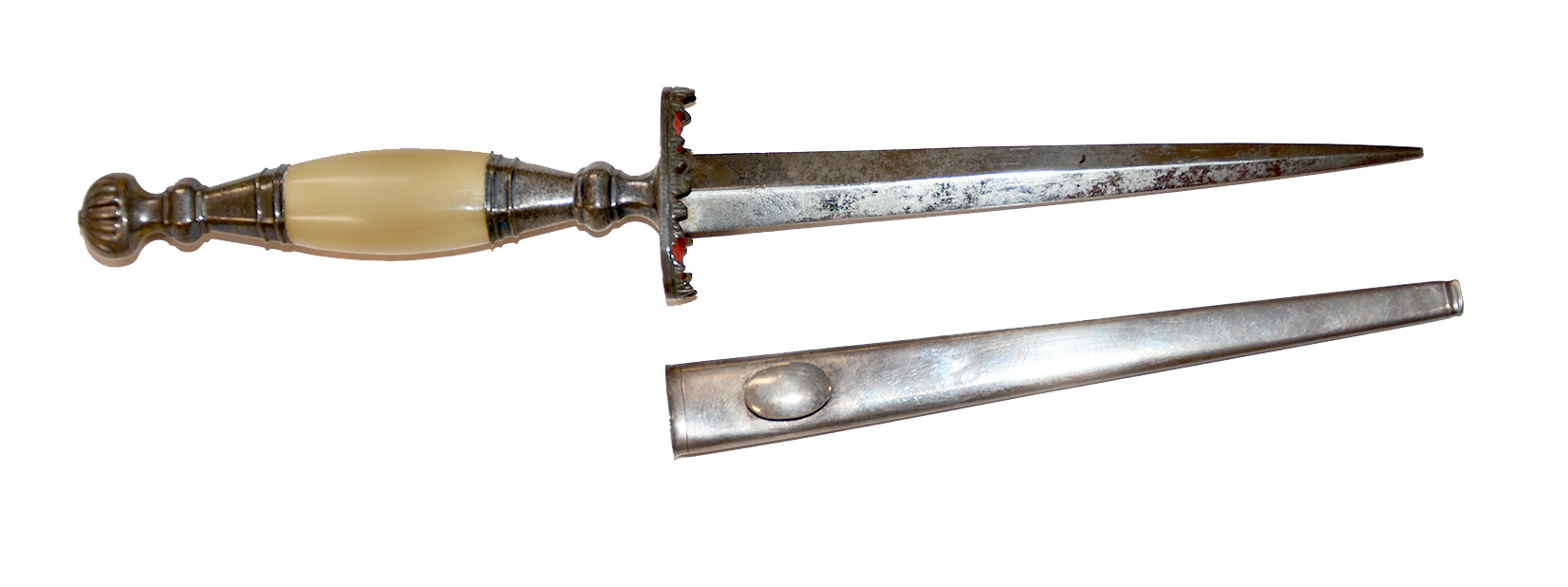 MID-19TH CENTURY FINE COIN SILVER–MOUNTED BONE-HANDLED DIRK WITH ENGRAVED SILVER SCABBARD 