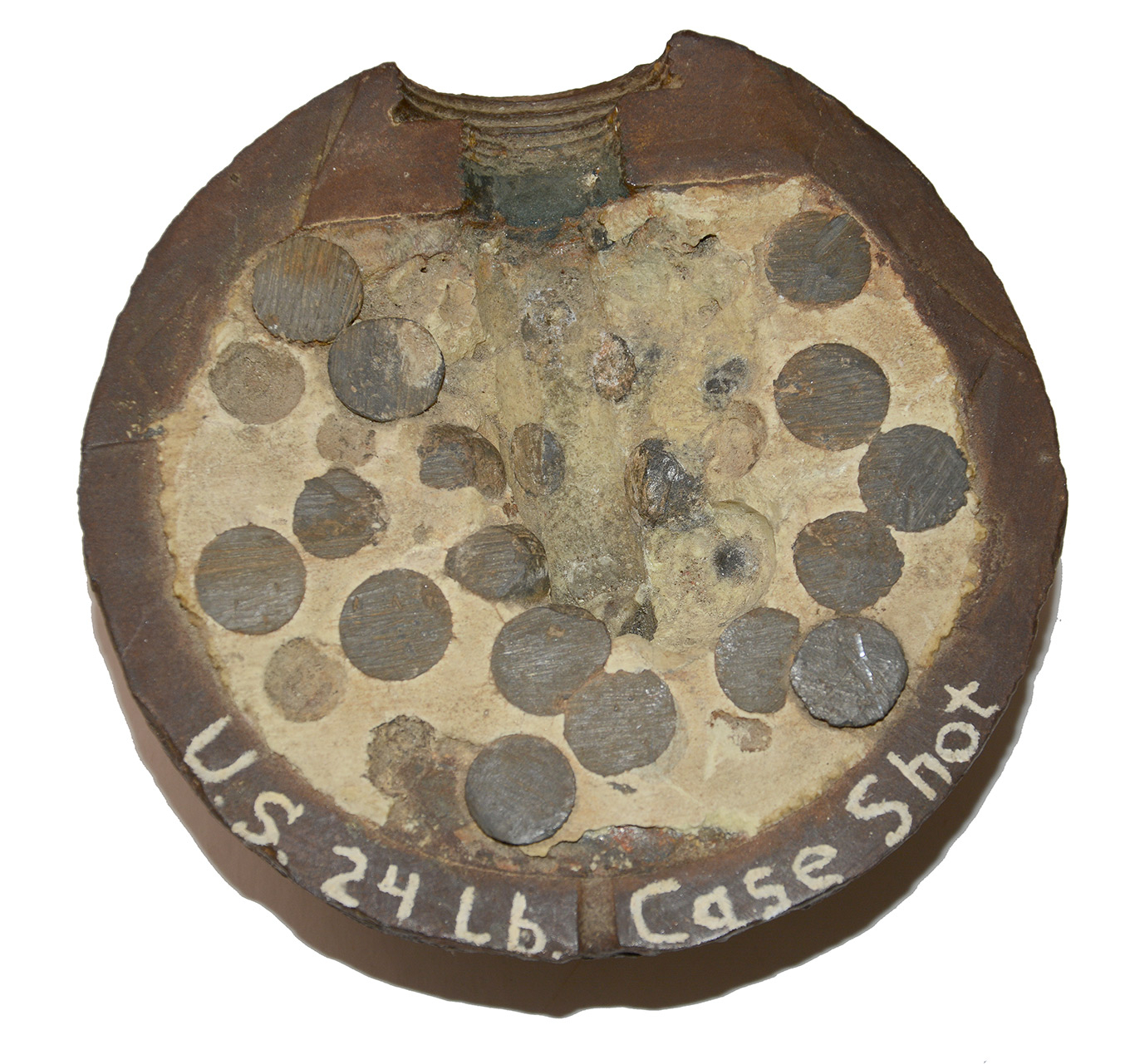 RARE CIVIL WAR ERA US 24-POUNDER CASE SHOT SHELL, SECTIONED FOR DISPLAY