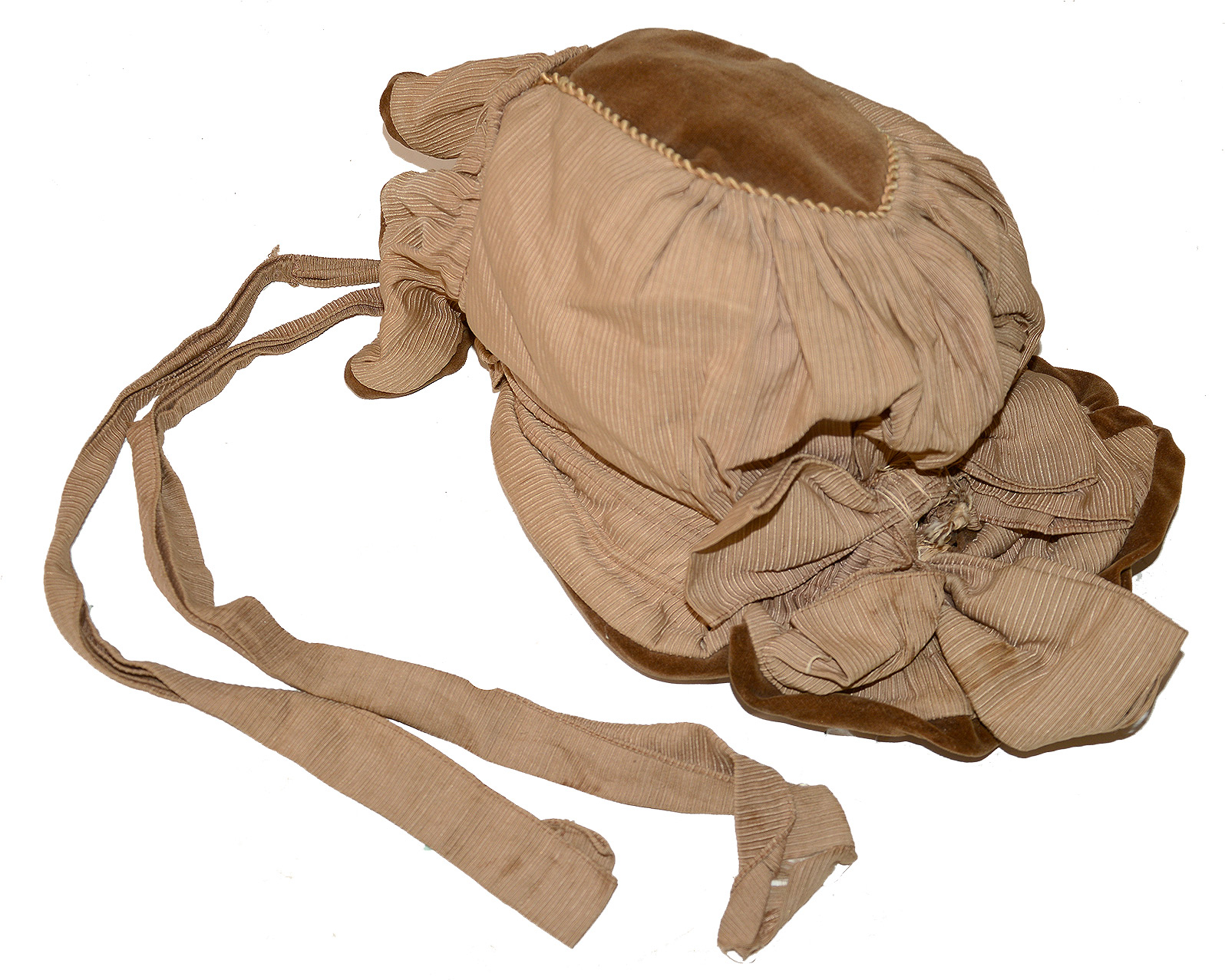 C1865-1870 TAN RIBBED SILK & BROWN VELVETEEN BONNET