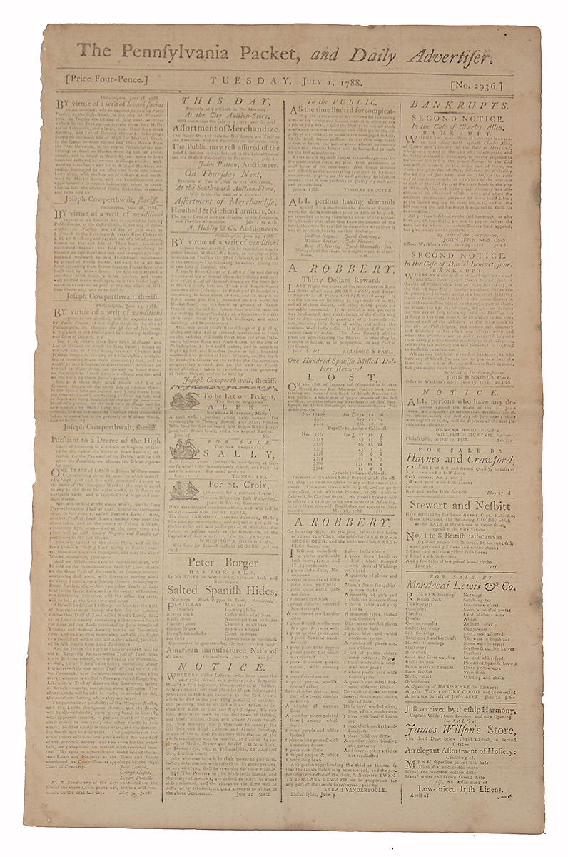 ORIGINAL PENNSYLVANIA PACKET & DAILY ADVERTISER – JULY 1, 1788