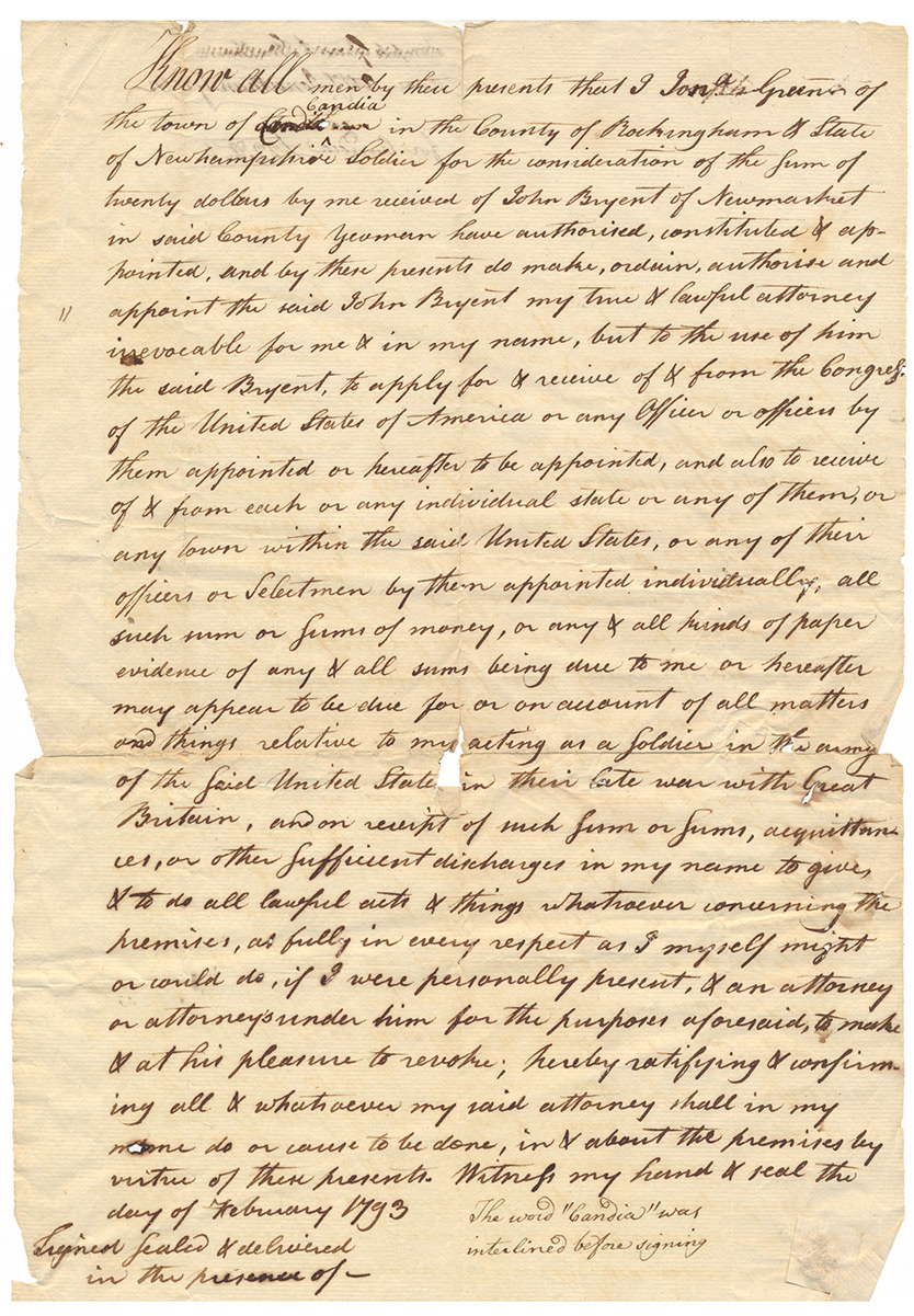 REVOLUTIONARY WAR SOLDIER'S POWER OF ATTORNEY — CANDIA, NEW HAMPSHIRE, FEBRUARY 1793