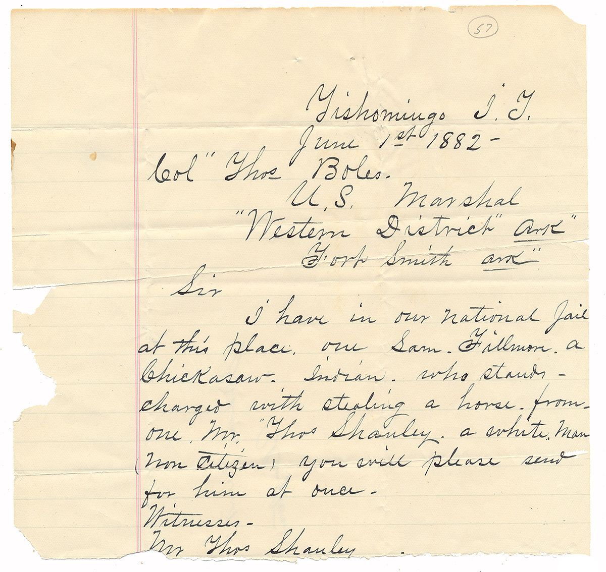 1882 CHICKASAW NATION / INDIAN TERRITORY LETTER – HORSE THIEF PRISONER HELD FOR US MARSHAL AT FORT SMITH (JUDGE PARKER’S COURT)