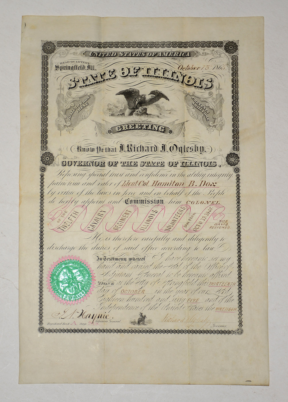 NEAR-MINT 1865 COMMISSION – COL. HAMILTON B. DOX – 12th ILLINOIS CAVALRY