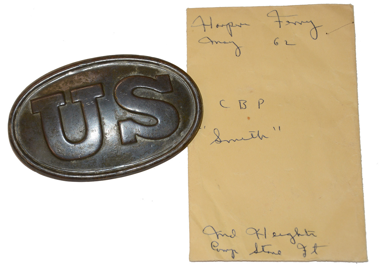 VERY NICE W.H. SMITH MARKED CARTRIDGE BOX PLATE FOUND AT HARPERS FERRY BY SYD KERKSIS MAY 1962 