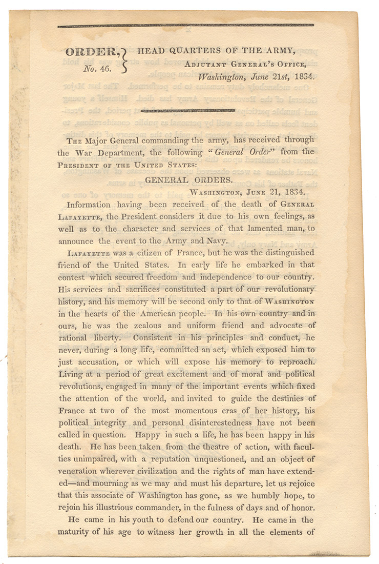 1834 WAR DEPARTMENT GENERAL ORDER NO. 46 – DEATH OF GENERAL LAFAYETTE