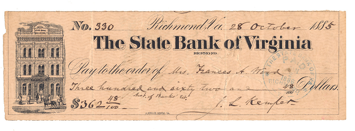 1885 SIGNED BANK CHECK – JAMES L. KEMPER, CONFEDERATE GENERAL AND 37TH GOVERNOR OF VIRGINIA