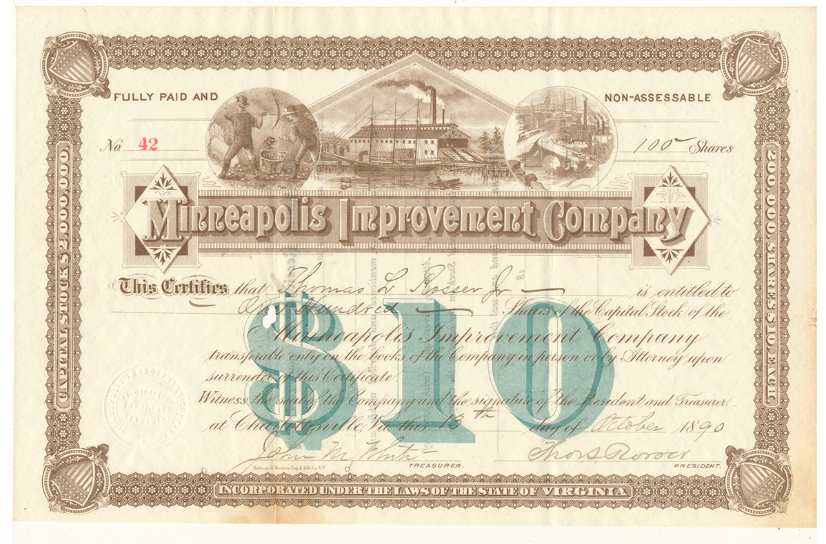MINNEAPOLIS IMPROVEMENT COMPANY STOCK CERTIFICATE SIGNED BY CONFEDERATE GENERAL THOMAS L. ROSSER (1890)