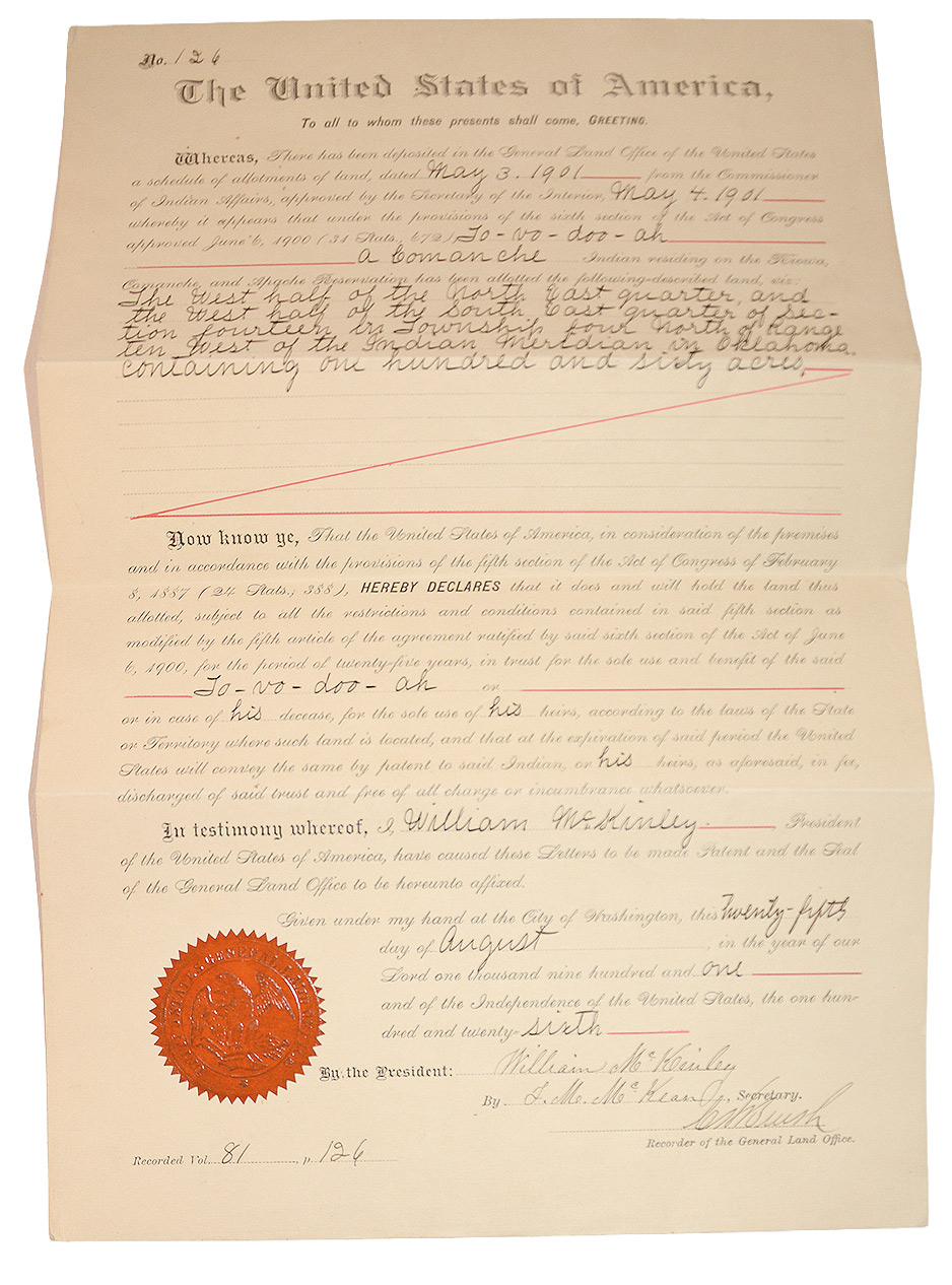 1901 INDIAN LAND ALLOTMENT TRUST PATENT – COMANCHE ALLOTTEE