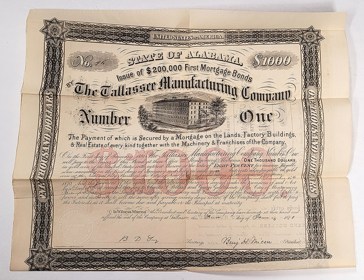 1871 TALLASSEE MANUFACTURING COMPANY FIRST MORTGAGE BOND SIGNED BY CONFEDERATE GEN. BIRKETT D. FRY (1871)