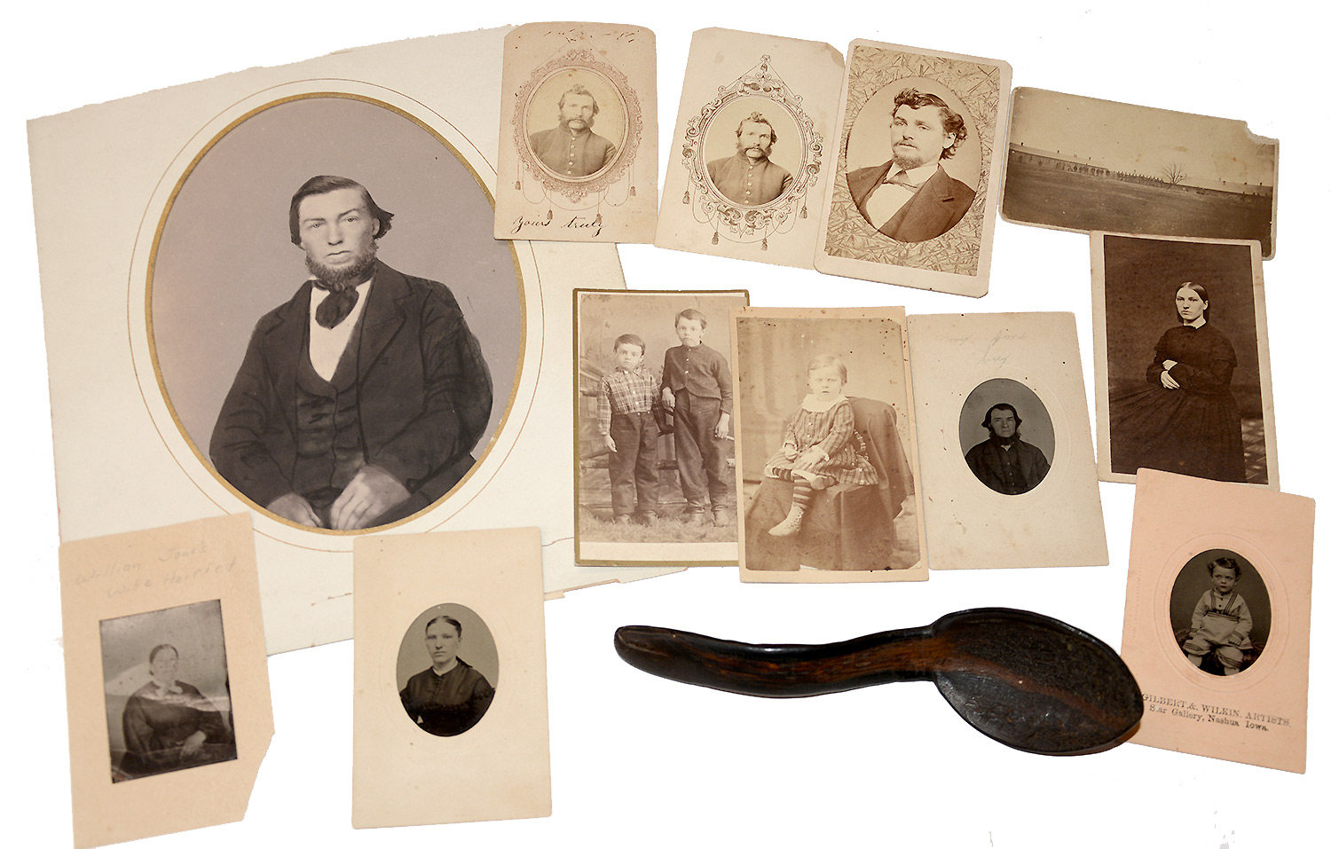 ID’D GROUP OF PHOTOGRAPHS AND WOODEN SPOON – WILLIAM JONES, 22nd WISCONSIN –POW, DIED OF DISEASE