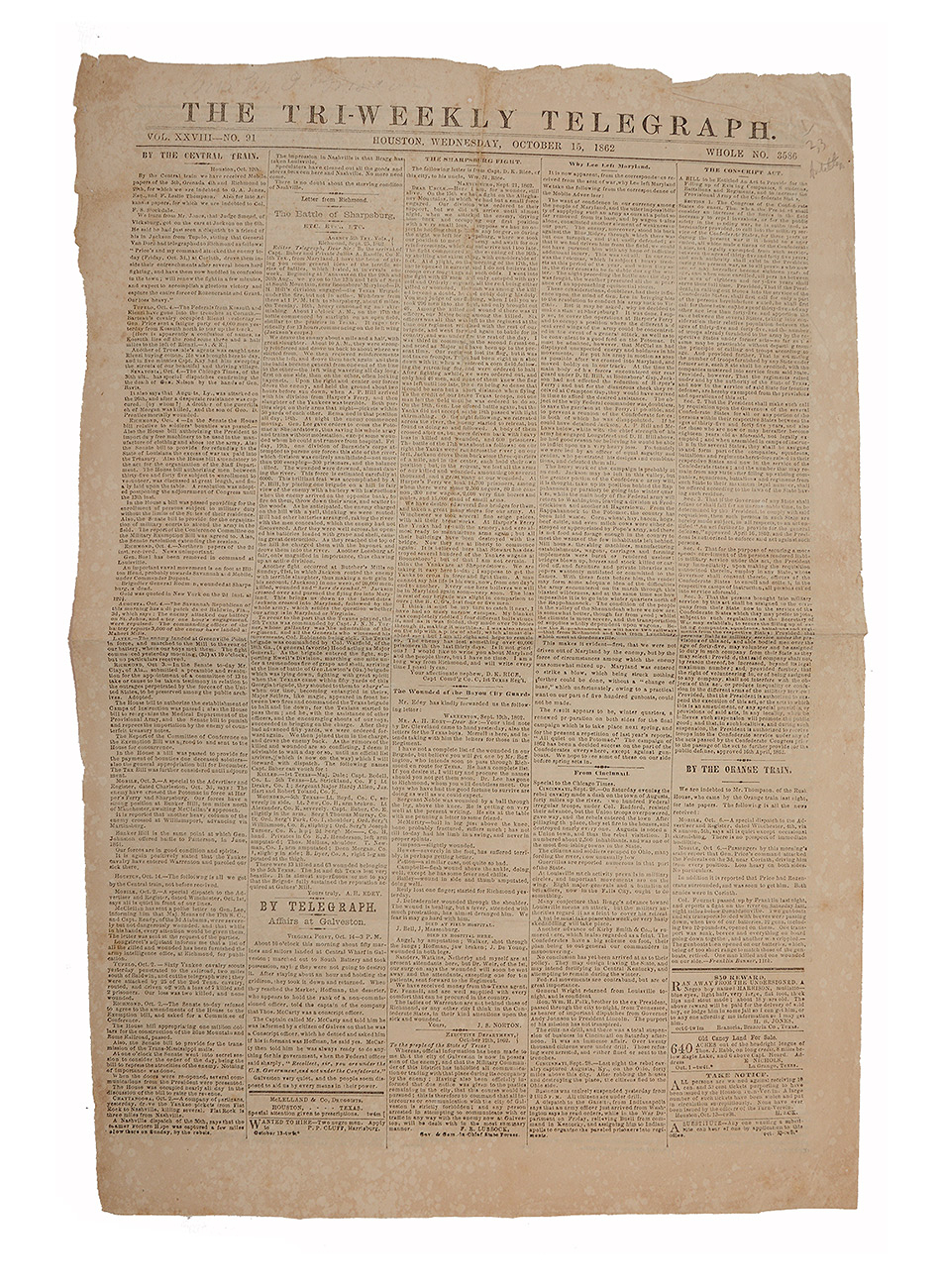 HOUSTON TRI-WEEKLY TELEGRAPH NEWSPAPER – OCTOBER 15, 1862 – HEAVY ANTIETAM CONTENT