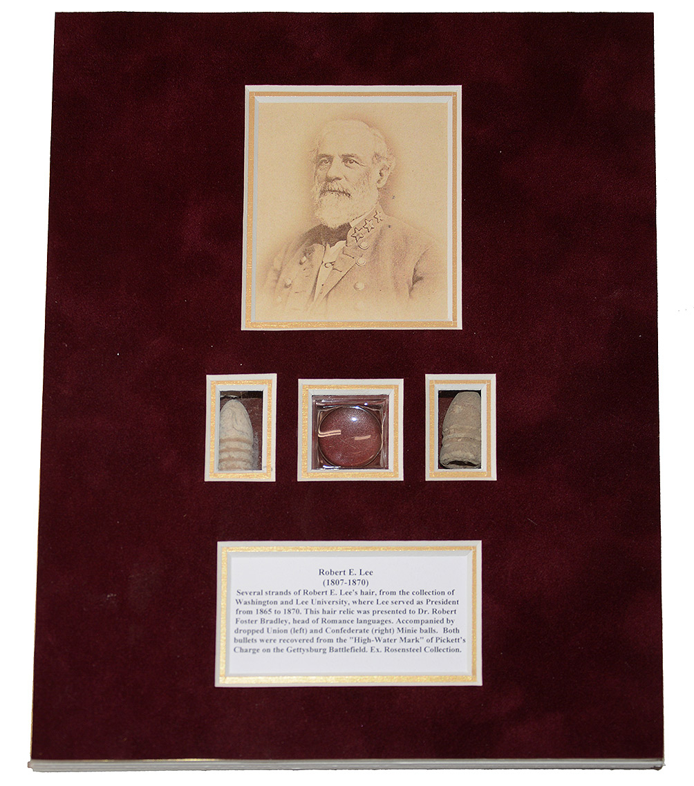 ROBERT E. LEE AUTHENTIC HAIR RELIC WITH TWO GETTYSBURG MINIÉ BALLS - MOUNTED DISPLAY READY TO BE FRAMED