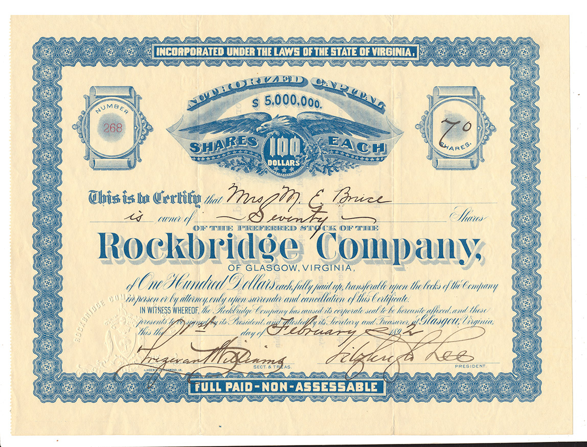 1892 ROCKBRIDGE COMPANY STOCK CERTIFICATE SIGNED BY FITZHUGH LEE