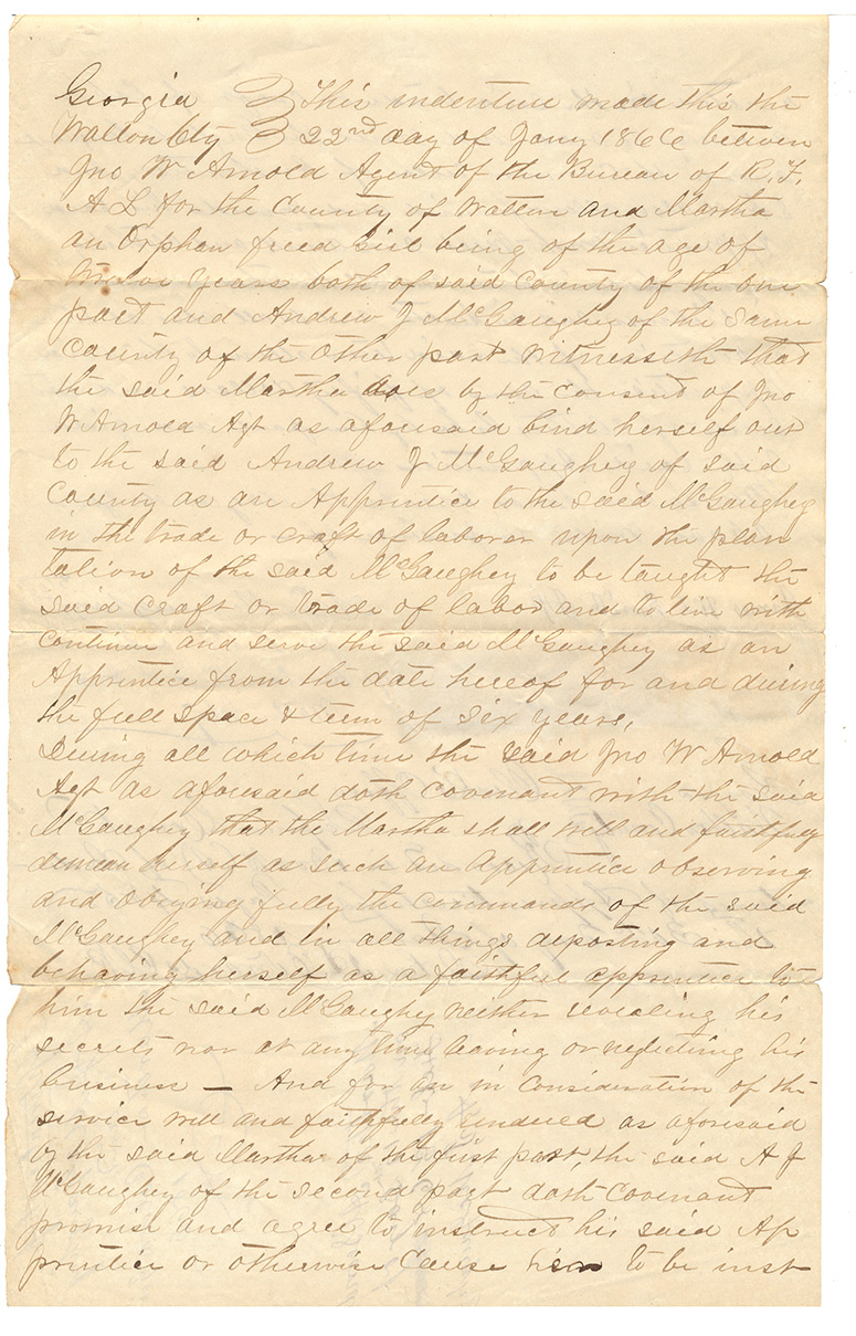 FREEDMEN'S BUREAU APPRENTICESHIP INDENTURE BINDING A FREED ORPHAN GIRL — WALTON COUNTY, GEORGIA, 1866