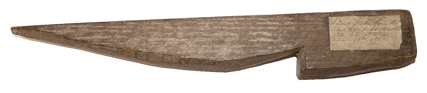 CONFEDERATE TENT STAKE RECOVERED FROM ABANDONED REBEL CAMP AT CENTREVILLE, VIRGINIA, MARCH 1862 - WITH PERIOD MANUSCRIPT AND TYPED PROVENANCE LABELS