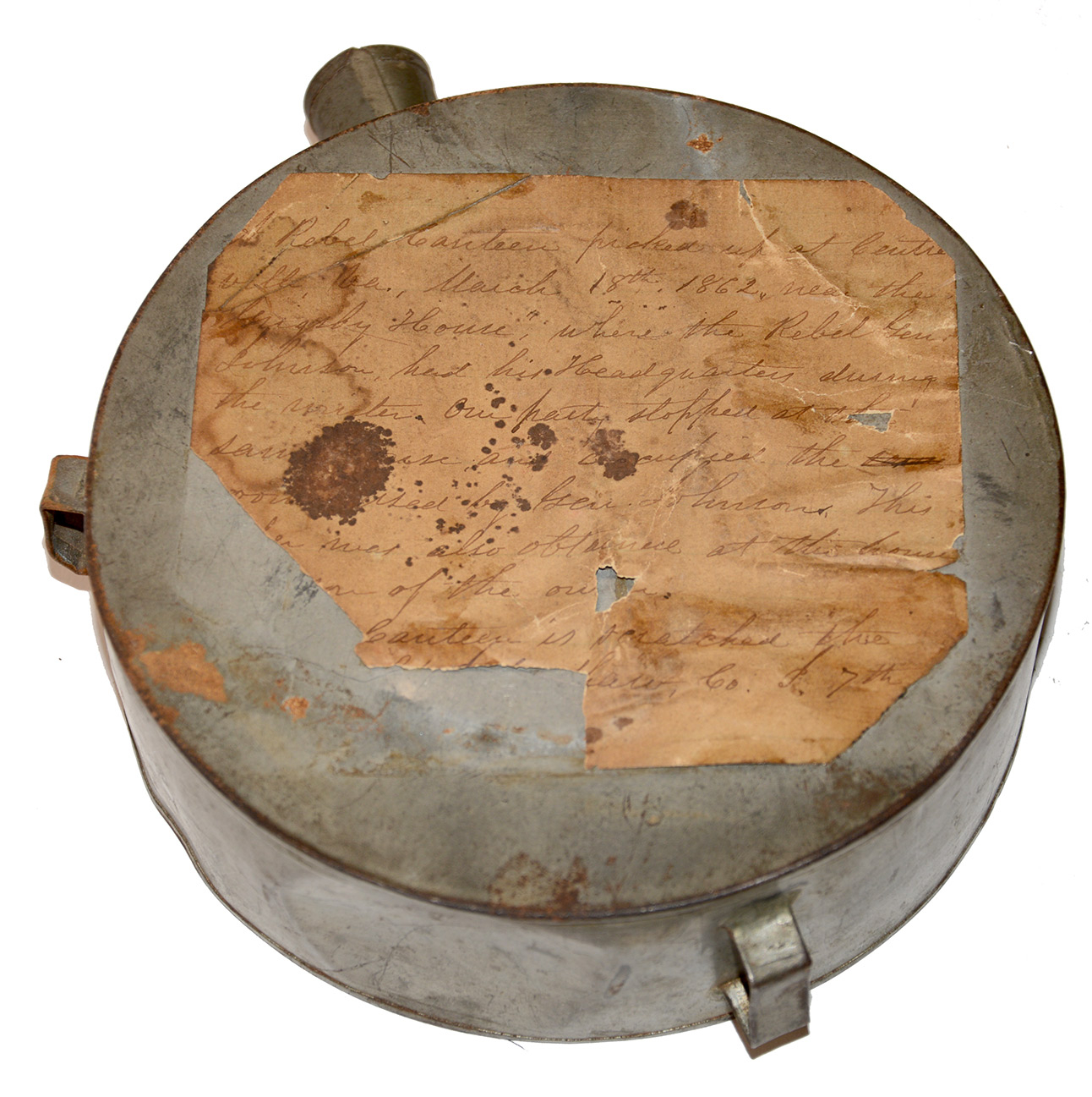 CONFEDERATE TIN DRUM CANTEEN WITH PERIOD CAPTURE LABEL — CENTREVILLE, VA, MARCH 1862 