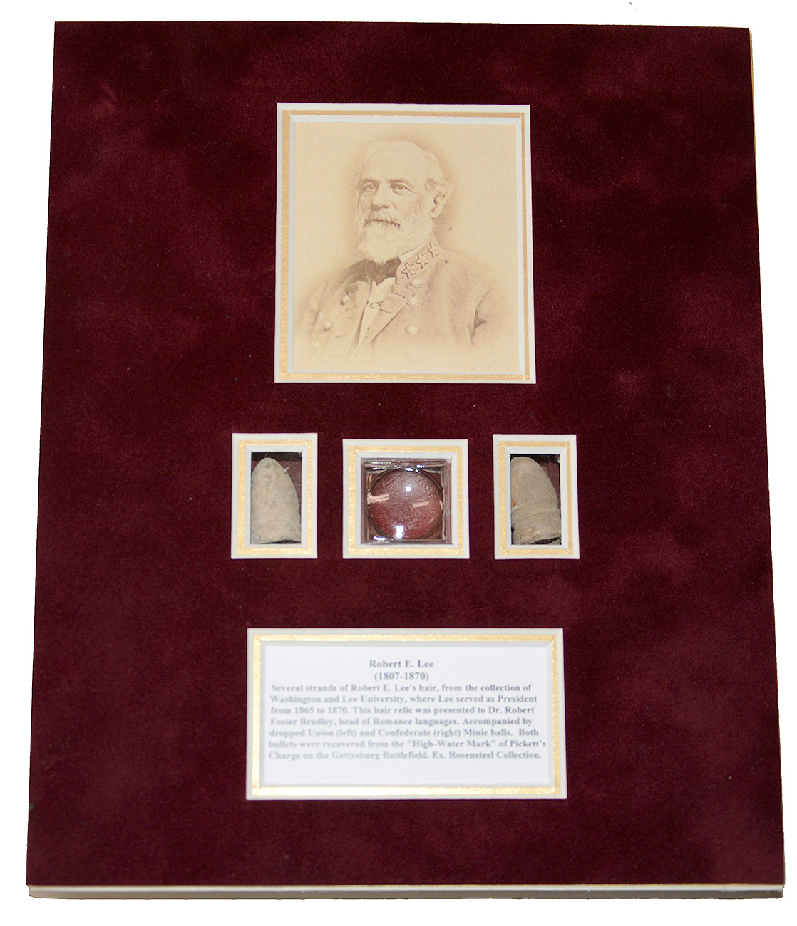ROBERT E. LEE AUTHENTIC HAIR RELIC WITH TWO GETTYSBURG MINIÉ BALLS - MOUNTED DISPLAY READY TO BE FRAMED