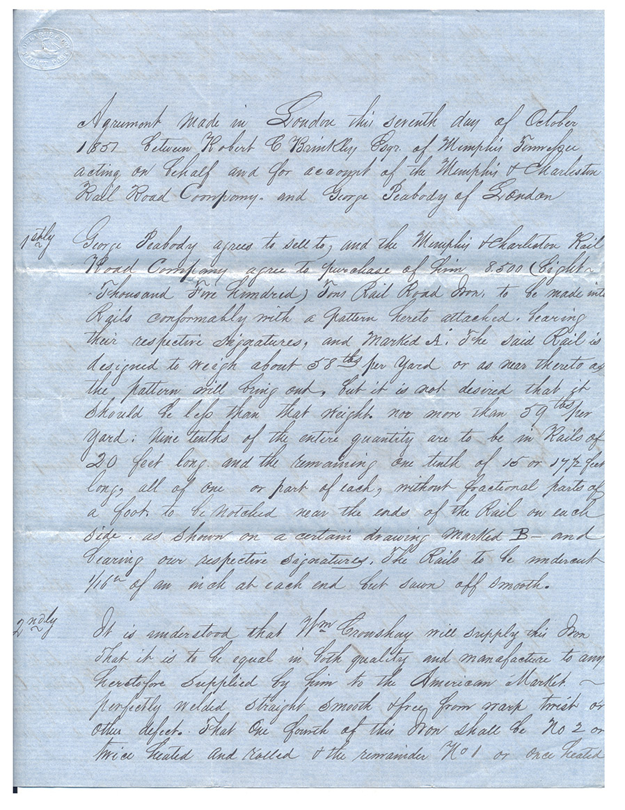GEORGE PEABODY & THE MEMPHIS & CHARLESTON RAILROAD: 1857 LONDON AGREEMENT FOR 8,500 TONS OF WELSH IRON RAILS — 