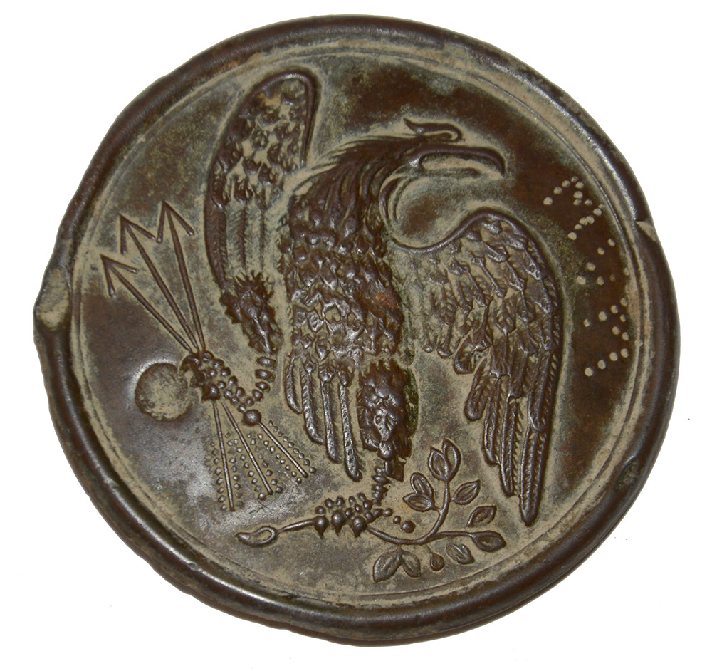 MASSACHUSETTS MARKED AND POSSIBLY BUCKSHOT STRUCK CIVIL WAR NCO ROUND EAGLE SHOULDER BELT PLATE