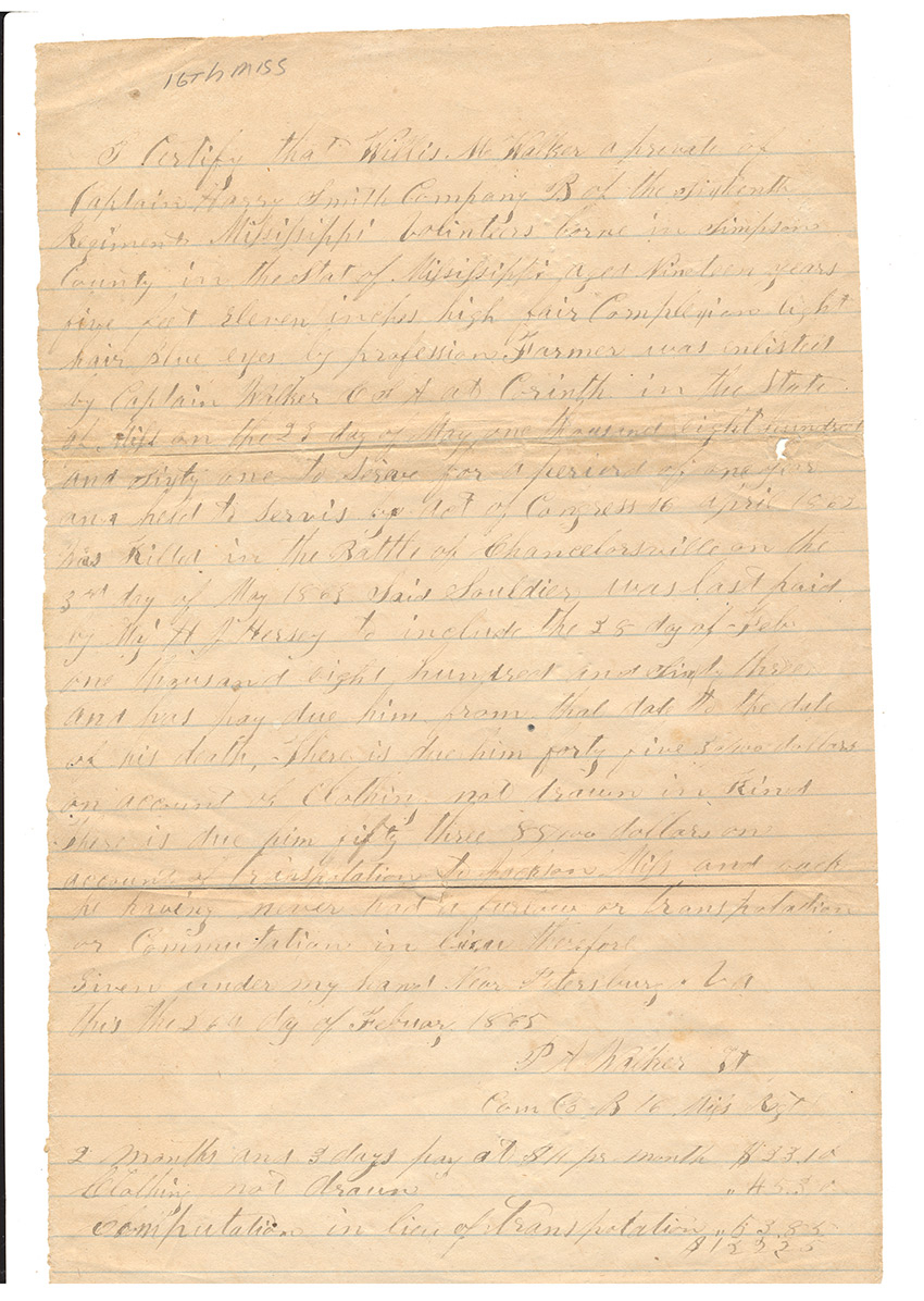 CIVIL WAR DEATH CERTIFICATE — 16TH MISSISSIPPI PRIVATE KILLED AT CHANCELLORSVILLE