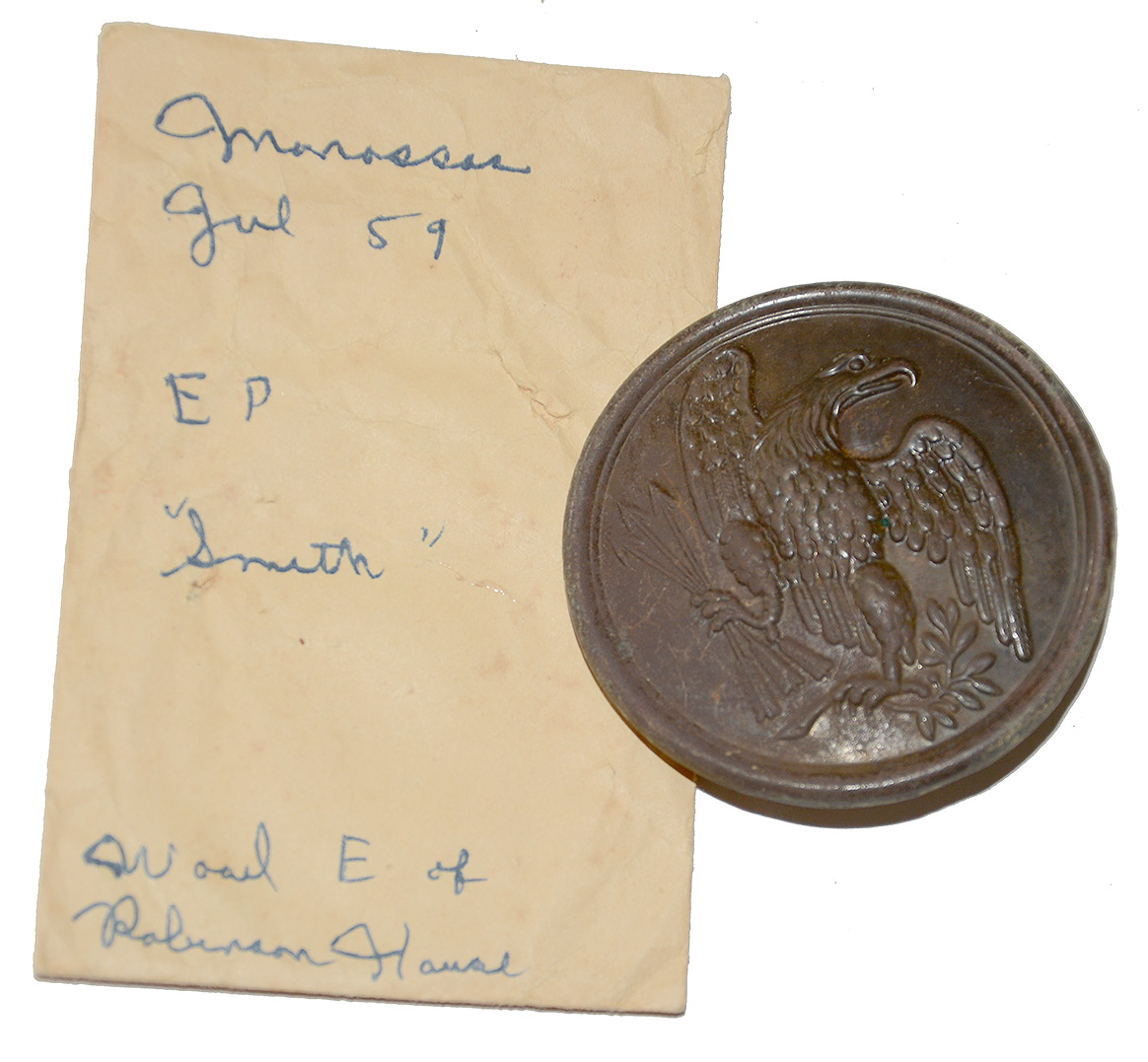 W.H. SMITH MARKED EAGLE CARTRIDGE BOX SHOULDER BELT PLATE FOUND AT MANASSAS JULY 1959 BY SYD KERKSIS 