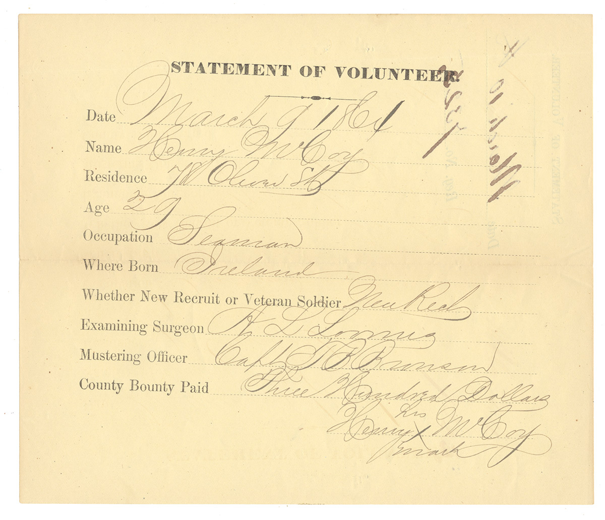 CIVIL WAR STATEMENT OF VOLUNTEER — HENRY McCOY, 1ST NEW YORK CAVALRY, IRISH-BORN SEAMAN, MARCH 1864