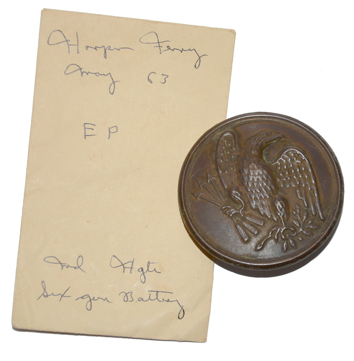 CARTRIDGE BOX EAGLE CROSS BELT PLATE RECOVERED BY SYD KERKSIS IN 1963 AT HARPERS FERRY