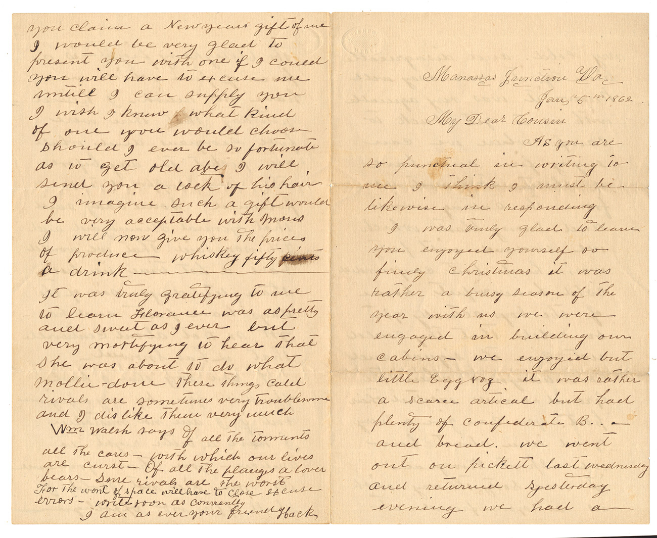JANUARY 1862 21ST NORTH CAROLINA INFANTRY SOLDIER LETTER – PVT. HARRISON ALEXANDER; POW CEDAR CREEK