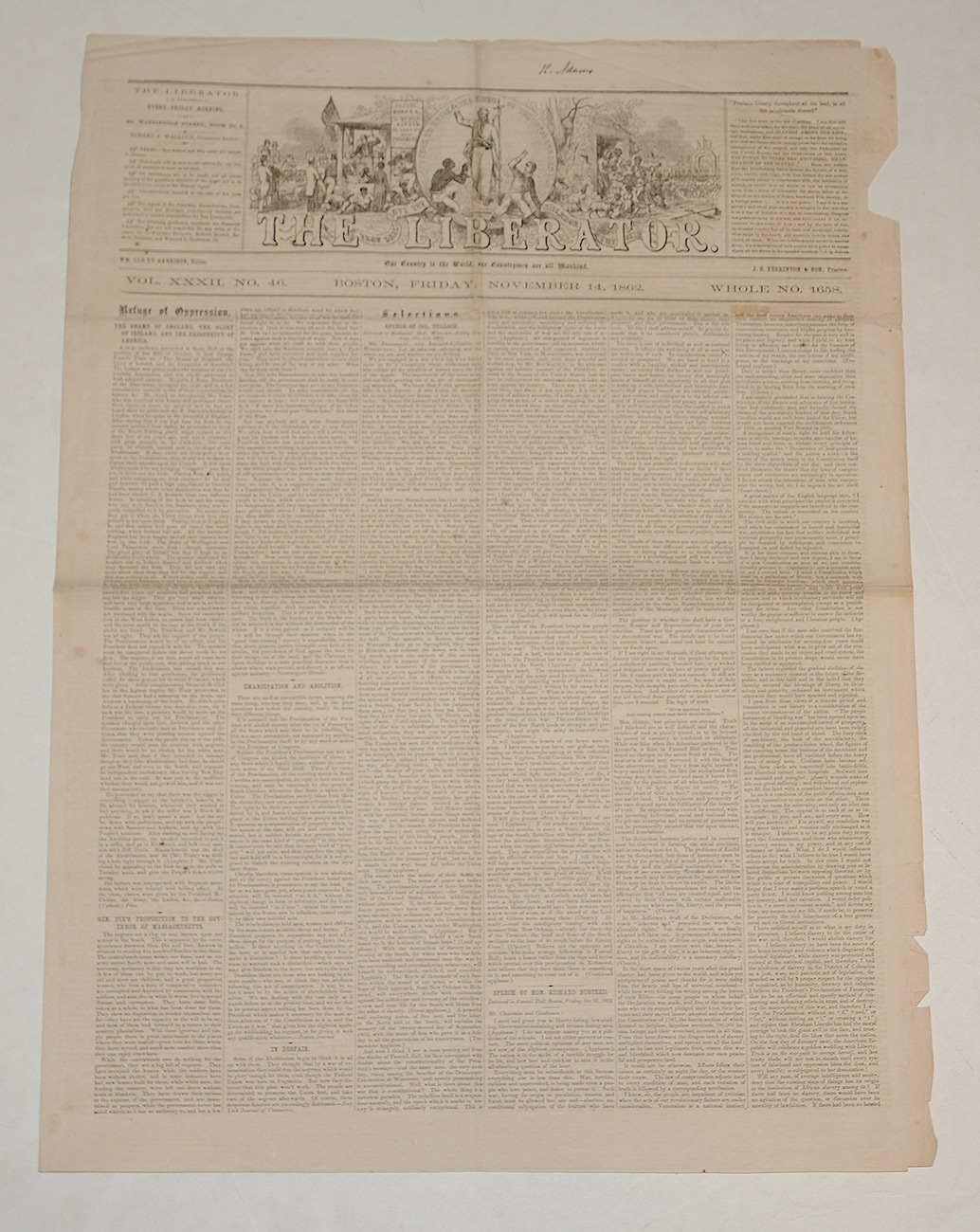 THE LIBERATOR NEWSPAPER – NOVEMBER 14, 1862 EDITION