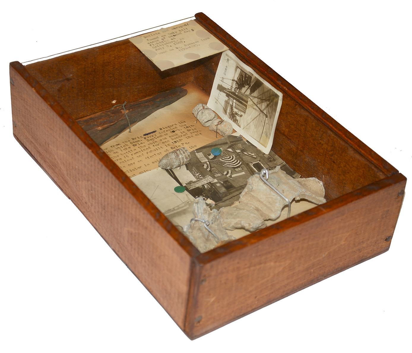 SHADOW BOX WITH RELICS FROM GETTYSBURG AND FLAGSHIP NIAGARA