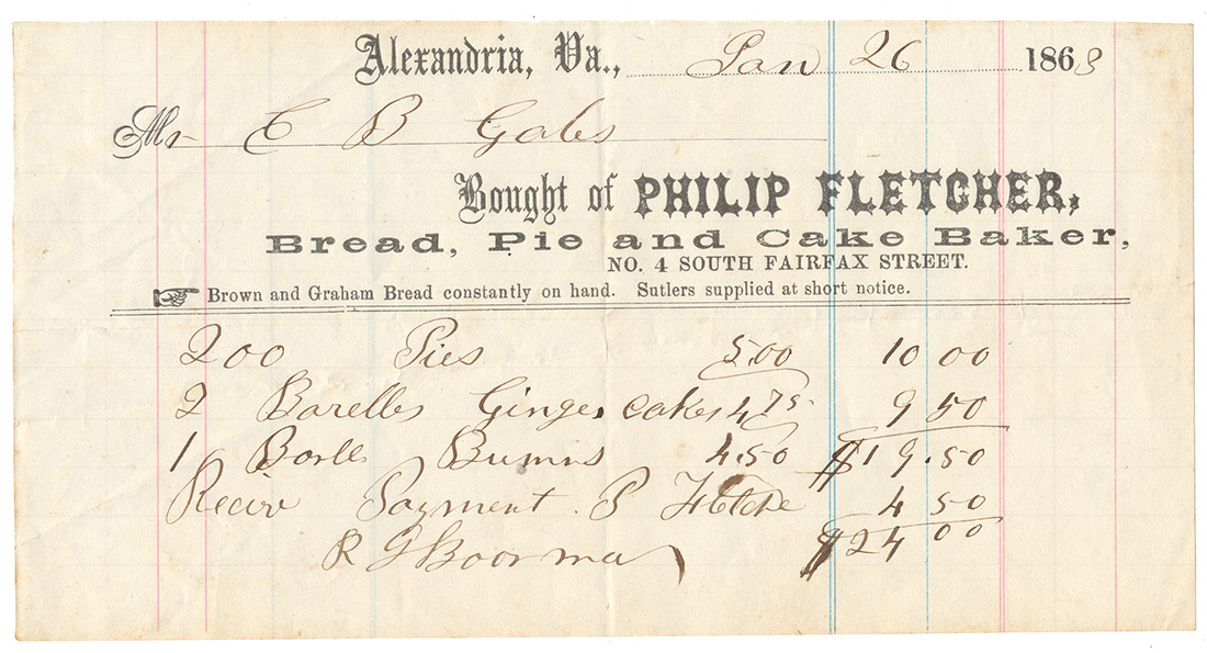 CIVIL WAR–DATE ALEXANDRIA, VIRGINIA SUTLER'S BAKER BILLHEAD 