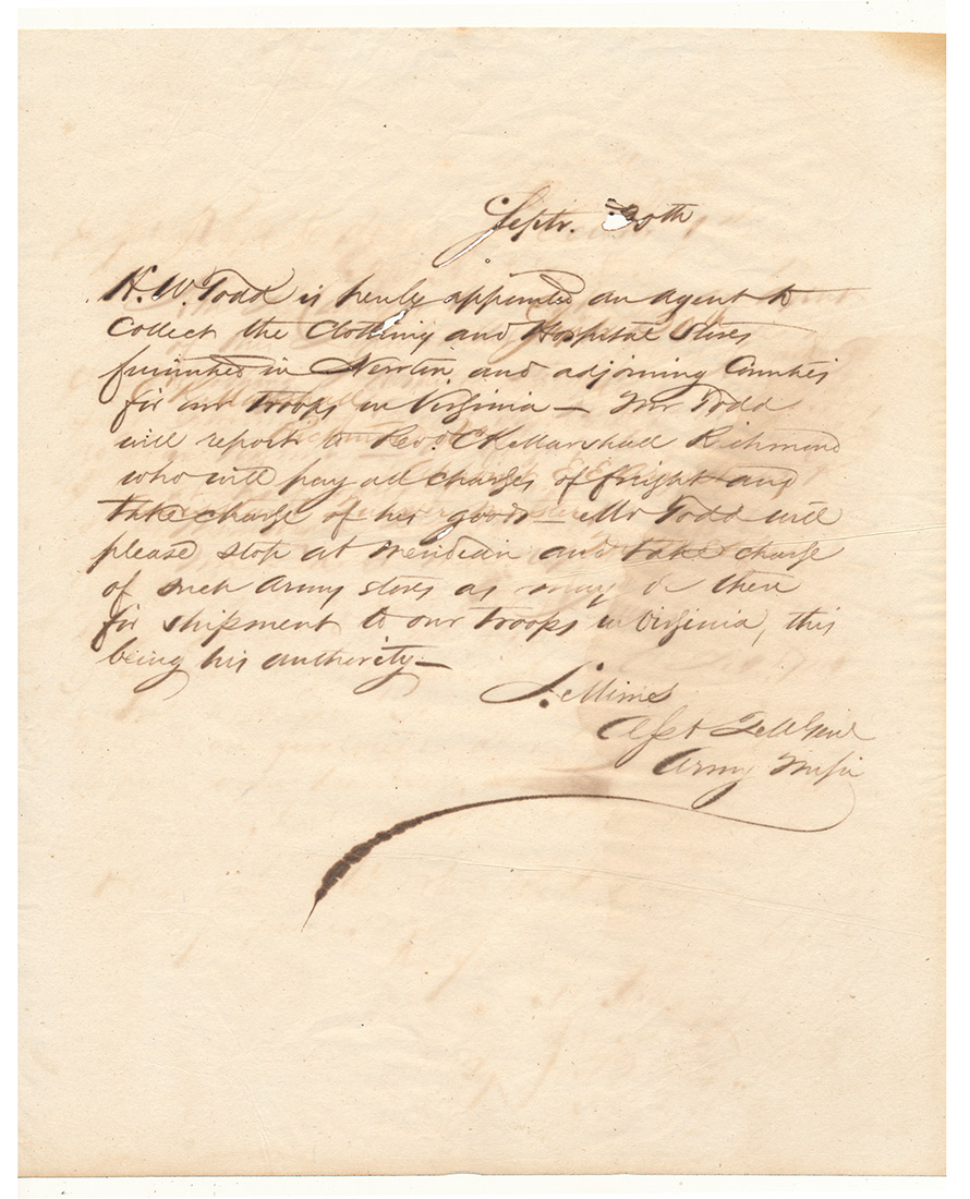 MISSISSIPPI QM DOCUMENT – AGENT APPOINTMENT FOR SUPPLIES TO BE SHIPPED TO MISSISSIPPI TROOPS IN THE FIELD IN VIRGINIA