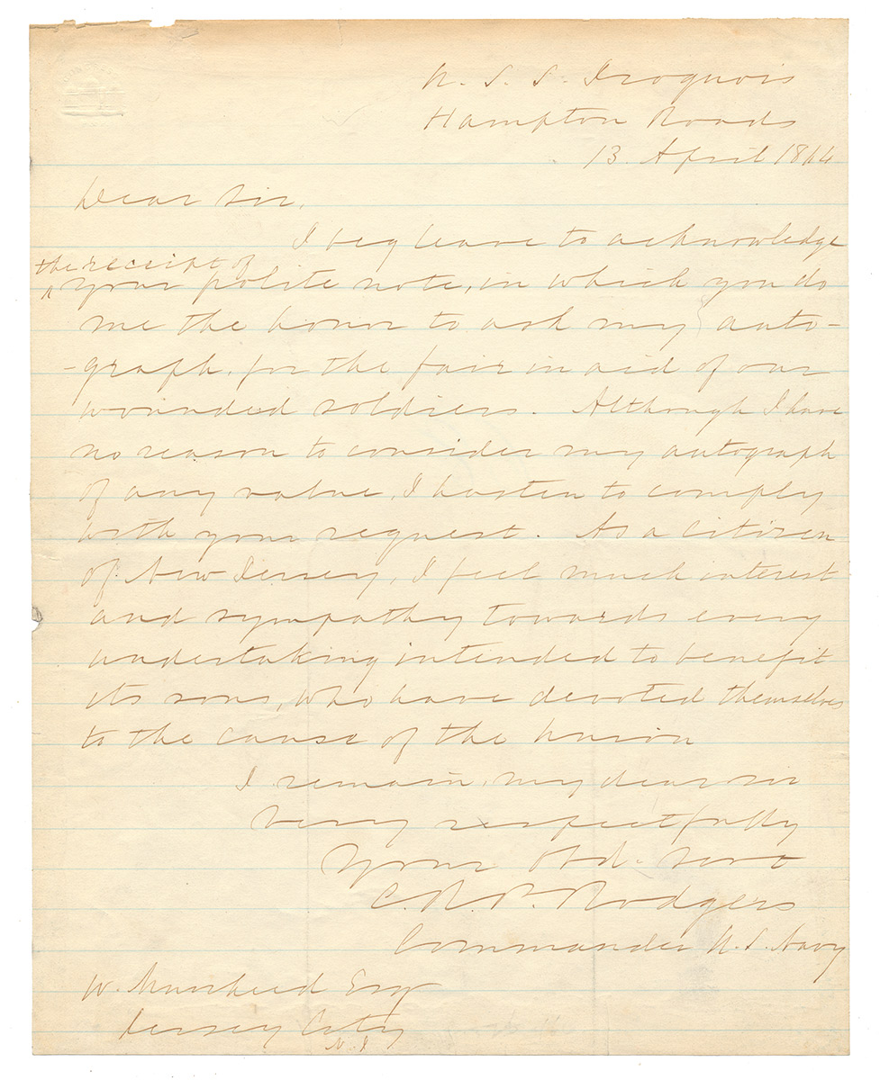 IMPORTANT CIVIL WAR NAVAL LETTER – C.R.P. RODGERS, COMMANDER OF USS WABASH – WRITTEN FROM THE USS IROQUOIS 