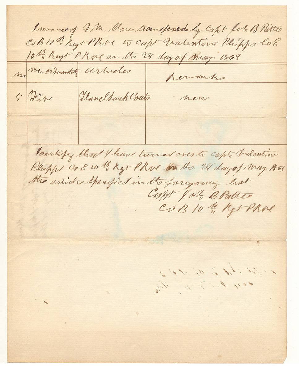 10TH PENNSYLVANIA RESERVES QUARTERMASTER CLOTHING TRANSFER SIGNED BY CAPT. (LATER BVT. BRIG. GEN.) JOSEPH B. PATTEE