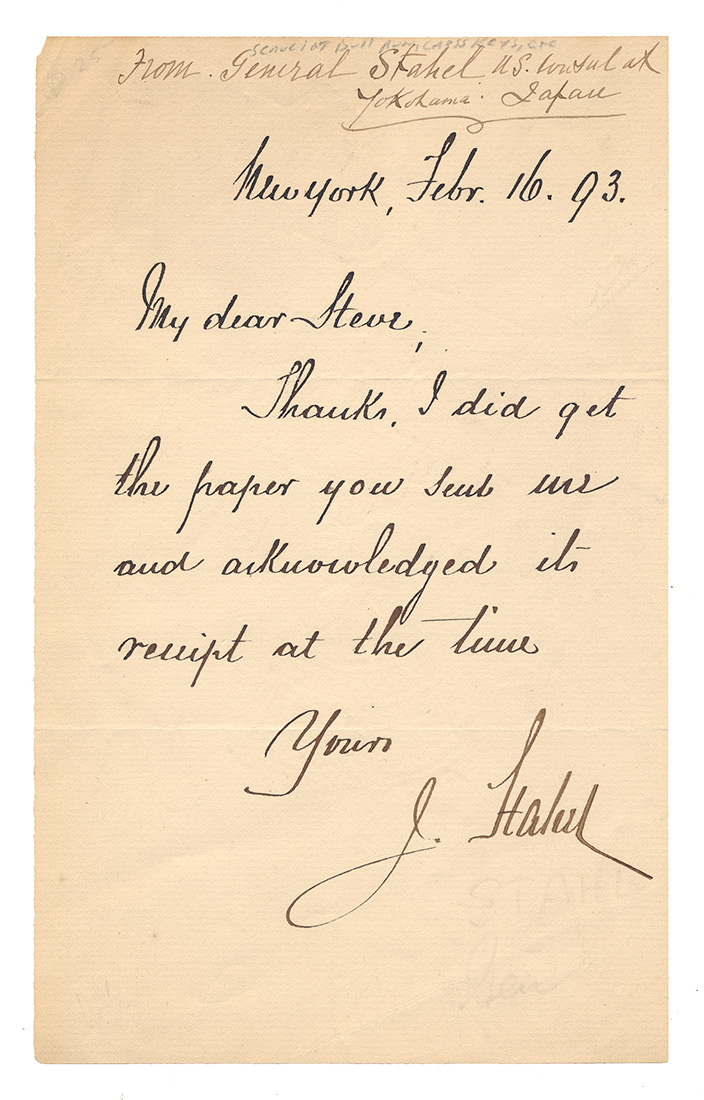 ALS BY HUNGARIAN BORN UNION MAJOR GENERAL JULIUS STAHEL (1825-1912); MEDAL OF HONOR RECIPIENT, US CONSUL TO JAPAN
