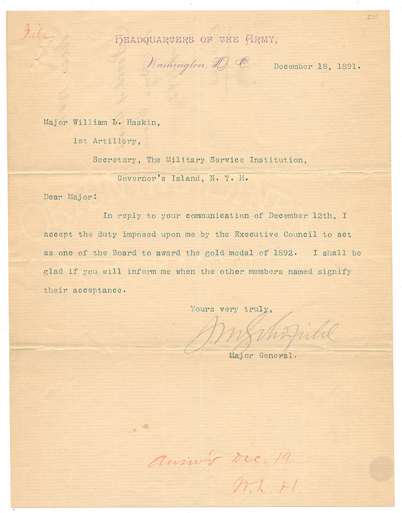GENERAL JOHN M. SCHOFIELD TYPED LETTER SIGNED AS COMMANDING GENERAL OF THE ARMY — ACCEPTING A SEAT ON THE MILITARY SERVICE INSTITUTION'S 1892 GOLD MEDAL BOARD