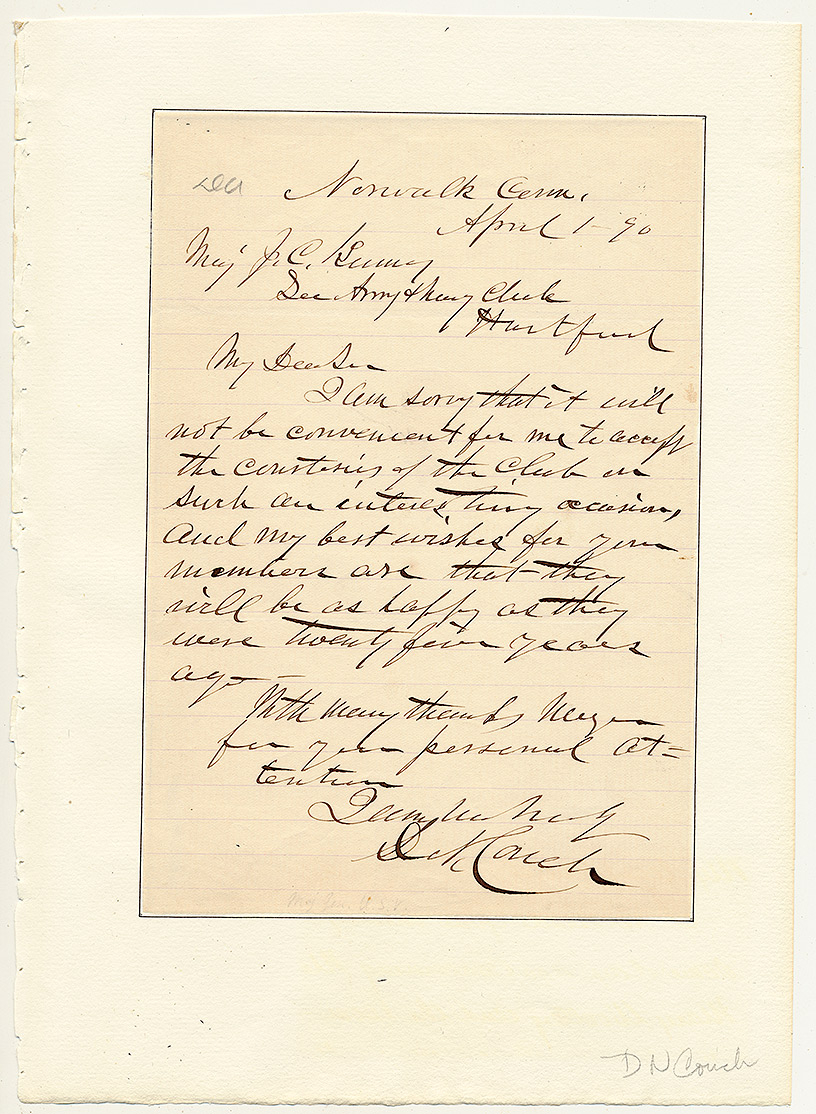 1890 AUTOGRAPH LETTER SIGNED BY MAJOR GENERAL DARIUS N. COUCH — COMMANDER, II CORPS, ARMY OF THE POTOMAC